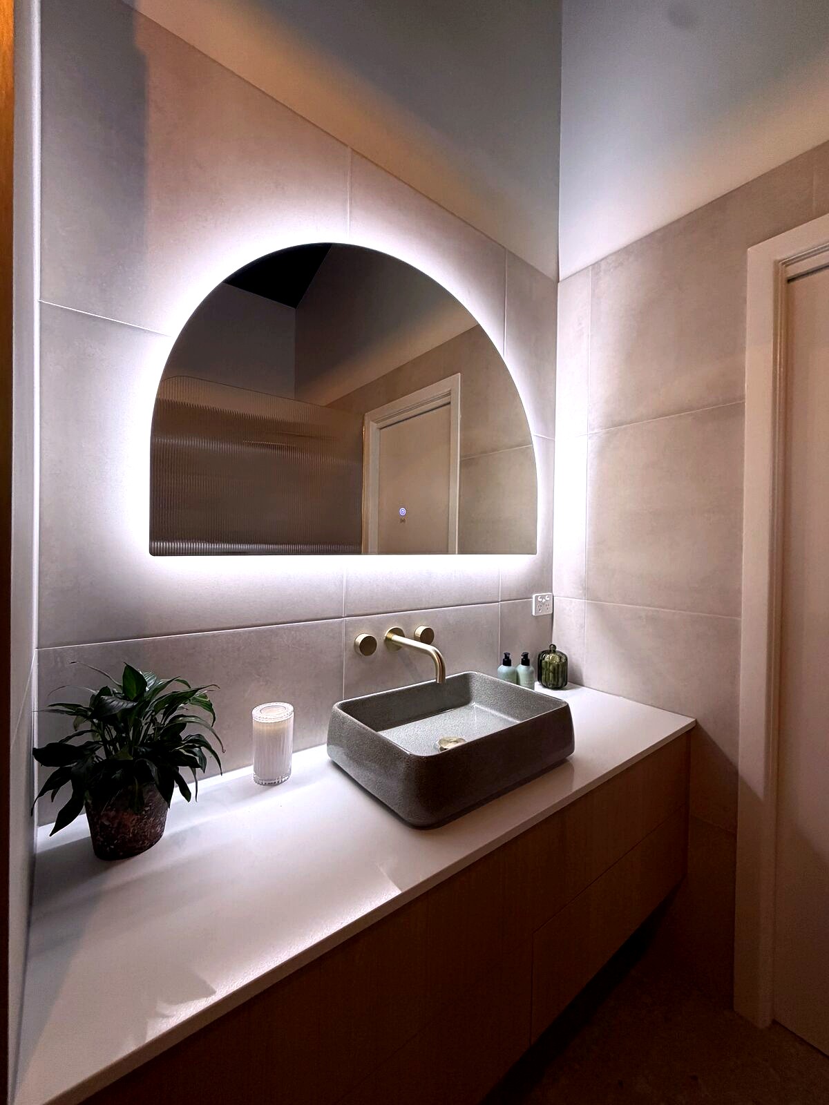 After — Custom Vanity & Arch Mirror — Bathroom Renovations by Seymour Plumbing